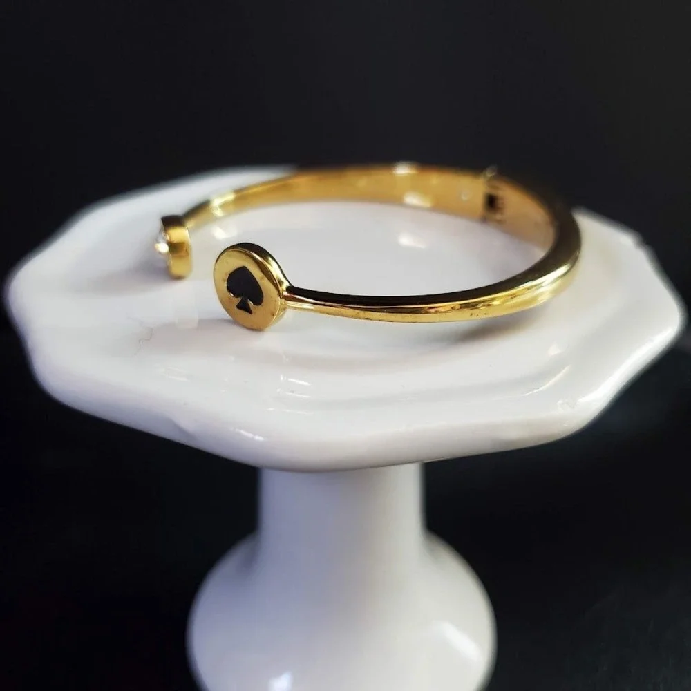 Kate Spade Spot the Spade Open‎ Cuff Gold Plated Black Enamel Clear Crystal - Picture 3 of 8